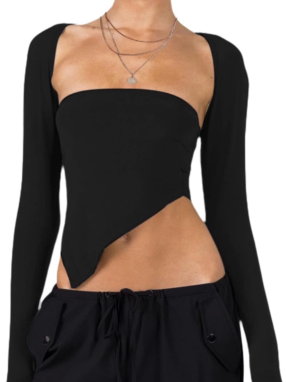 Black Asymmetric Long-Sleeve Tube Top